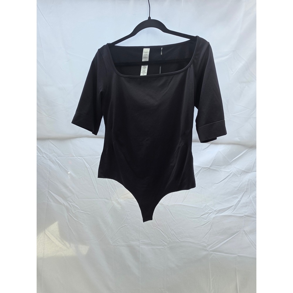 Karl Lagerfeld Paris Womens Square Neck Bodysuit Black Elbow Sleeve XL NWT